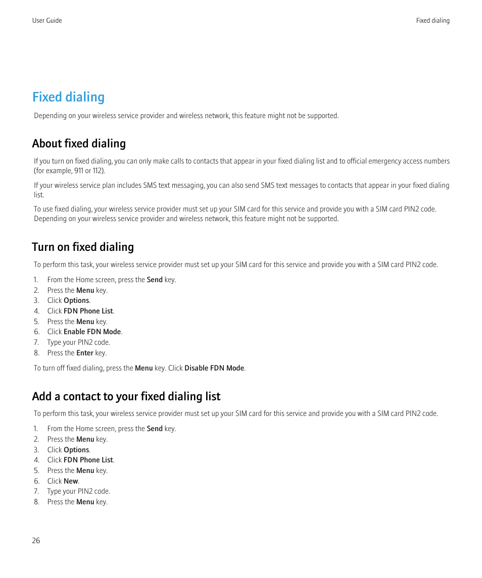 Fixed dialing, About fixed dialing, Turn on fixed dialing | Add a contact to your fixed dialing list | Blackberry Curve 8520 User Manual | Page 28 / 278