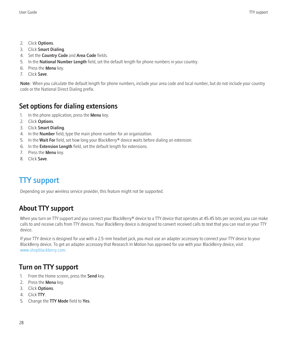 Tty support, Set options for dialing extensions, About tty support | Turn on tty support | Blackberry Curve 8520 User Manual | Page 30 / 278