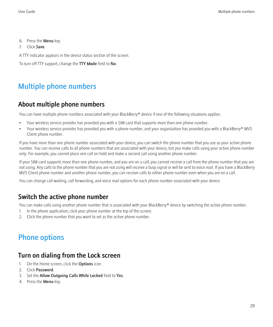 Multiple phone numbers, Phone options, About multiple phone numbers | Switch the active phone number, Turn on dialing from the lock screen | Blackberry Curve 8520 User Manual | Page 31 / 278