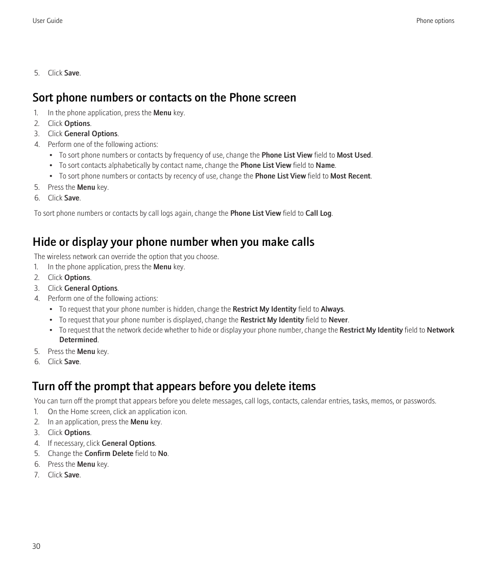 Sort phone numbers or contacts on the phone screen | Blackberry Curve 8520 User Manual | Page 32 / 278