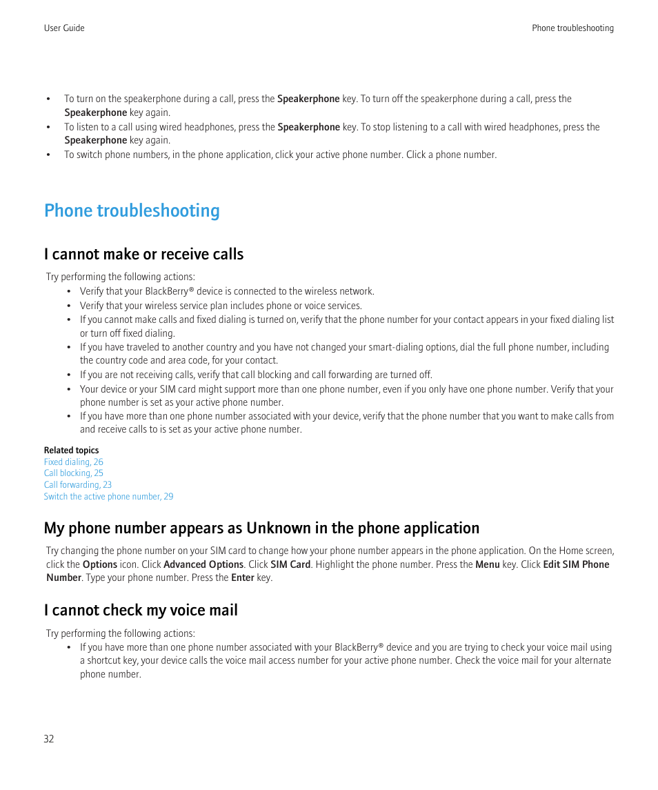 Phone troubleshooting, I cannot make or receive calls, I cannot check my voice mail | Blackberry Curve 8520 User Manual | Page 34 / 278