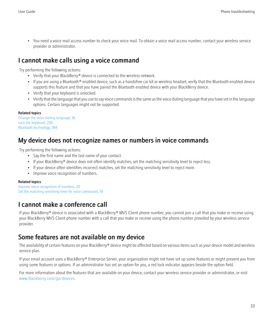 I cannot make calls using a voice command, I cannot make a conference call, Some features are not available on my device | Blackberry Curve 8520 User Manual | Page 35 / 278
