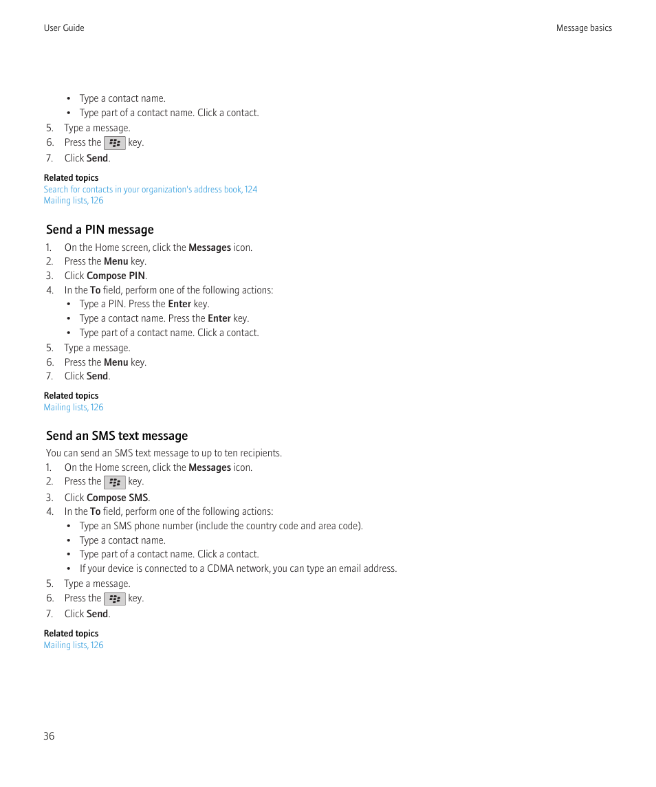 Send a pin message, Send an sms text message | Blackberry Curve 8520 User Manual | Page 38 / 278