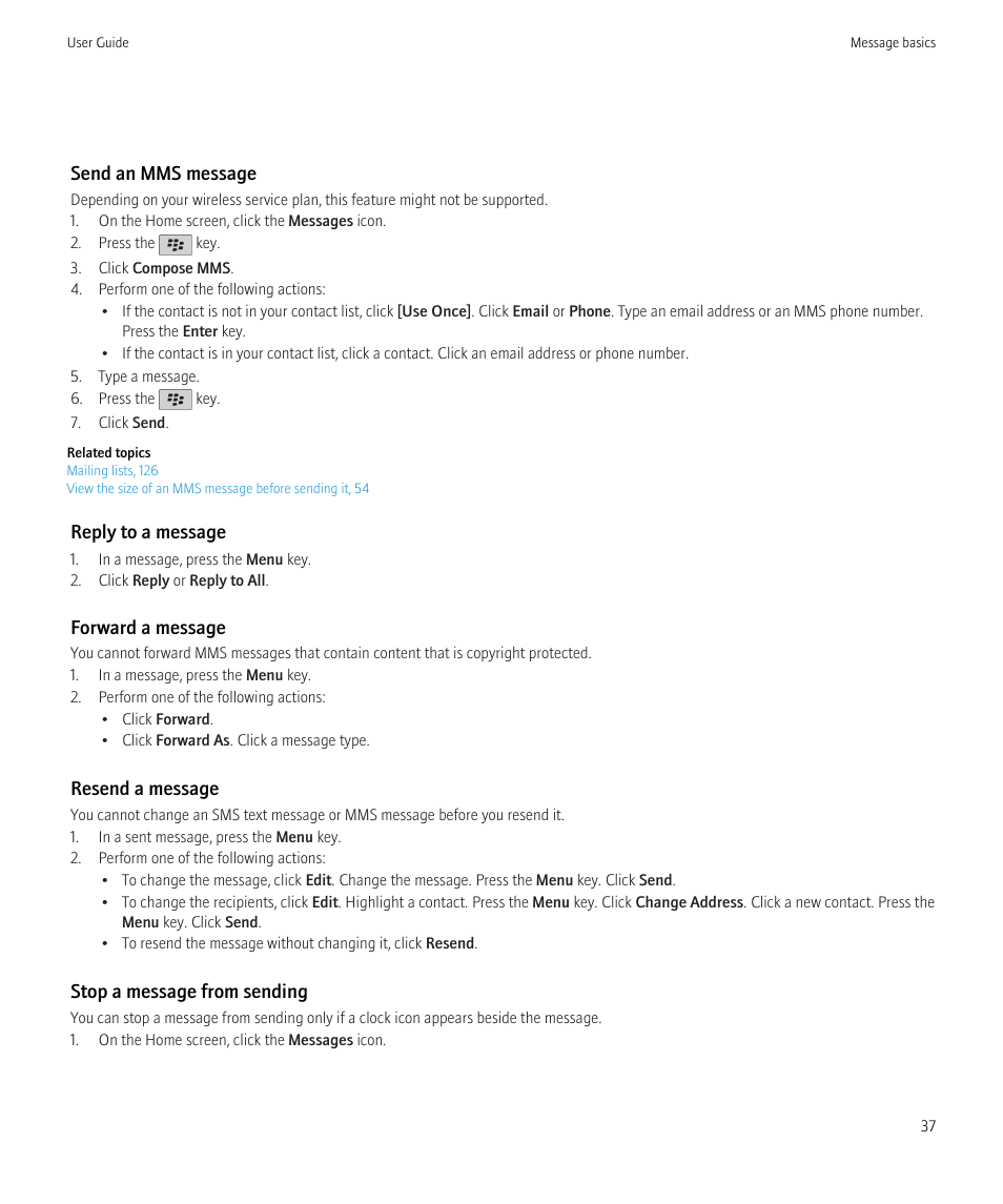Send an mms message, Reply to a message, Forward a message | Resend a message, Stop a message from sending | Blackberry Curve 8520 User Manual | Page 39 / 278