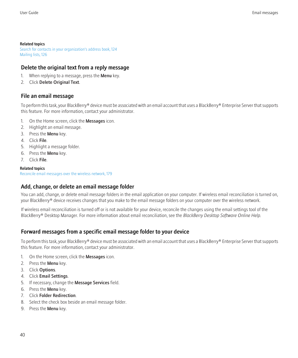 Delete the original text from a reply message, File an email message, Add, change, or delete an email message folder | Blackberry Curve 8520 User Manual | Page 42 / 278