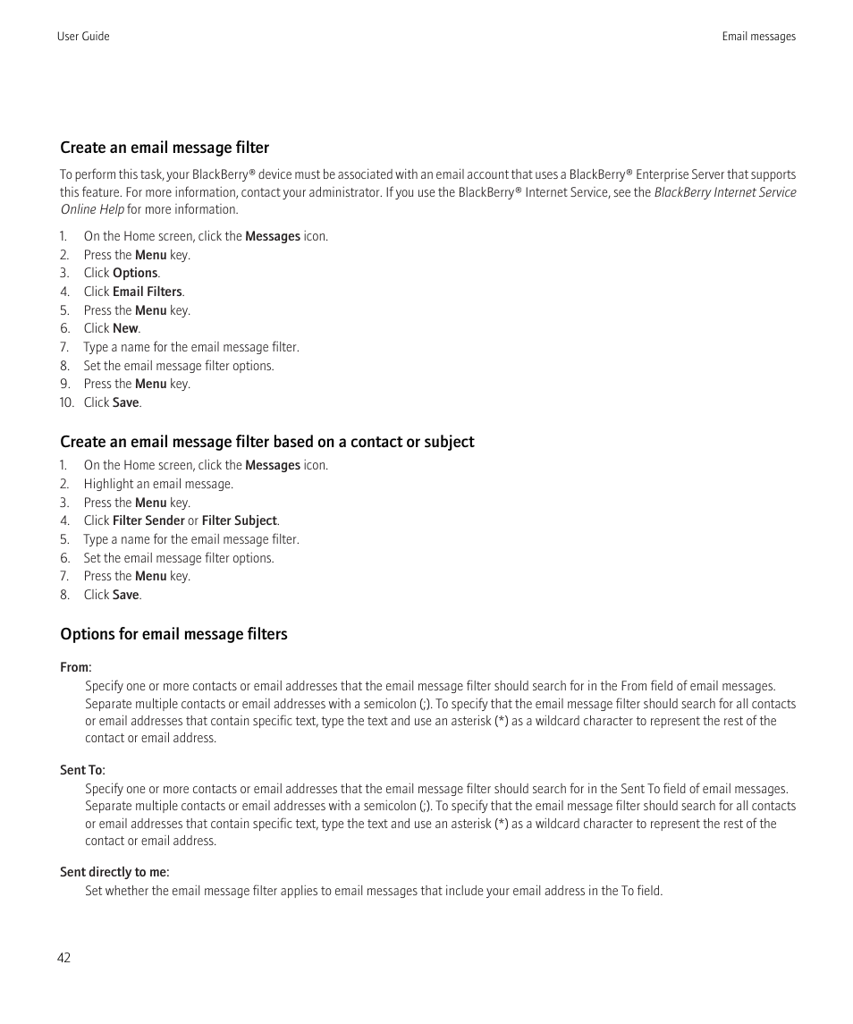 Create an email message filter, Options for email message filters | Blackberry Curve 8520 User Manual | Page 44 / 278