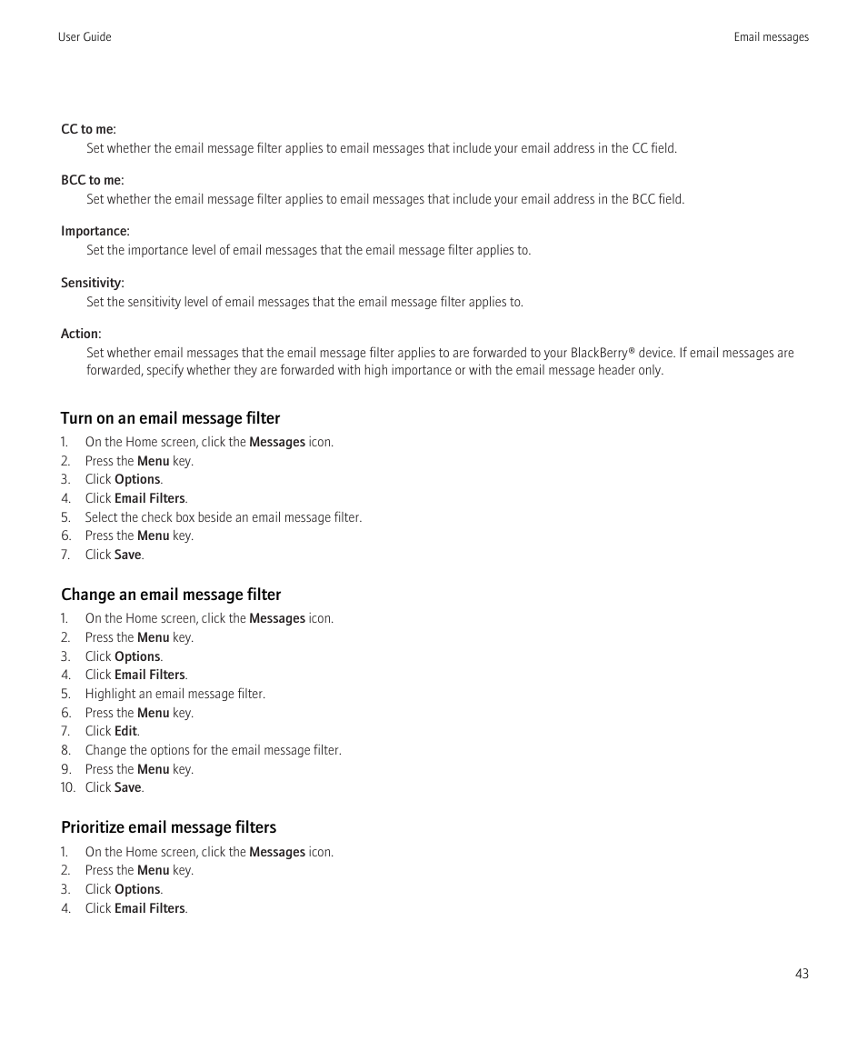 Turn on an email message filter, Change an email message filter, Prioritize email message filters | Blackberry Curve 8520 User Manual | Page 45 / 278