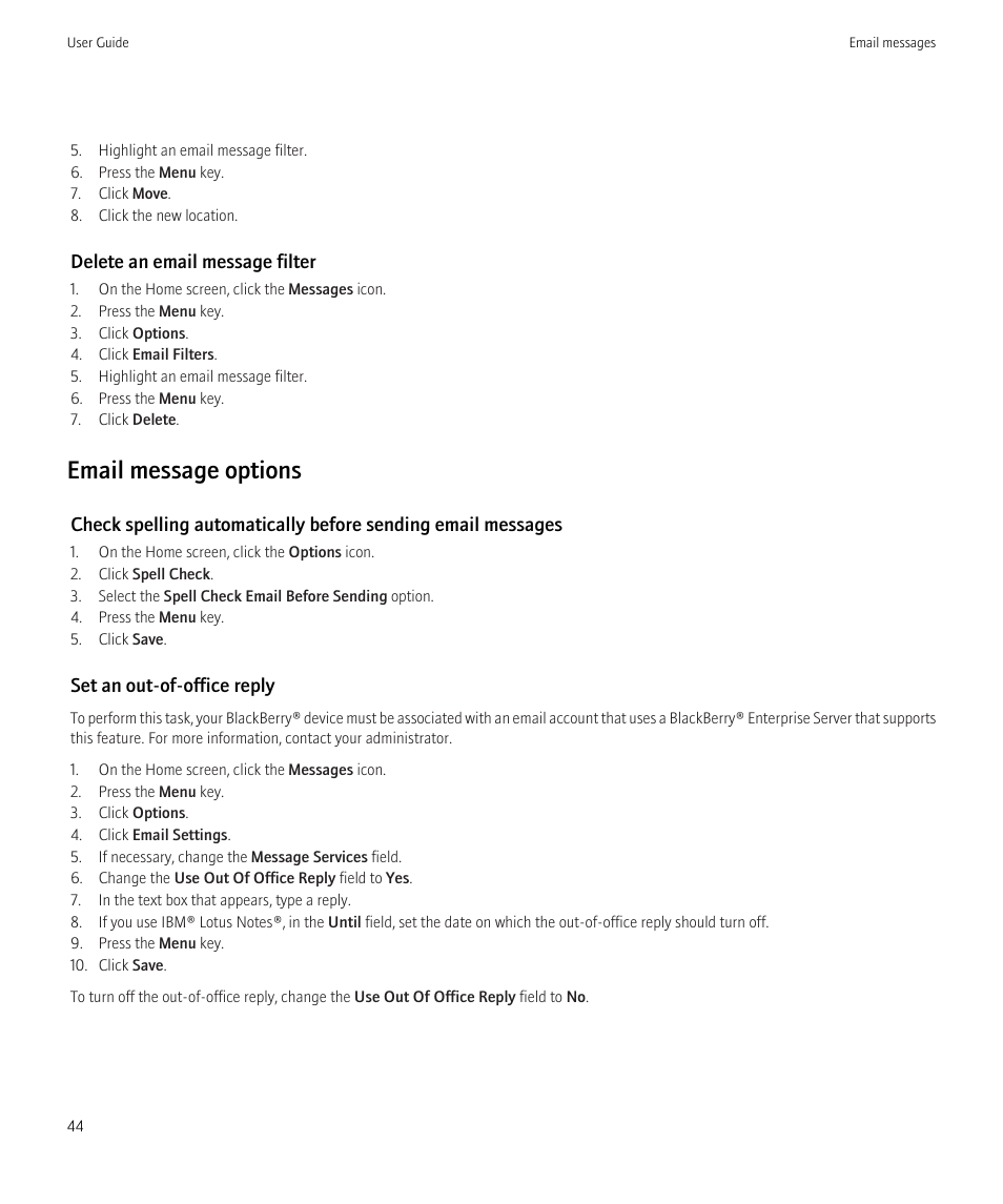 Email message options | Blackberry Curve 8520 User Manual | Page 46 / 278