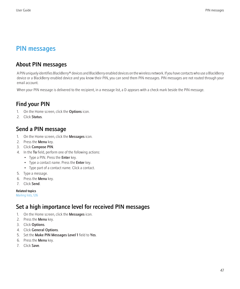 Pin messages, About pin messages, Find your pin | Send a pin message | Blackberry Curve 8520 User Manual | Page 49 / 278