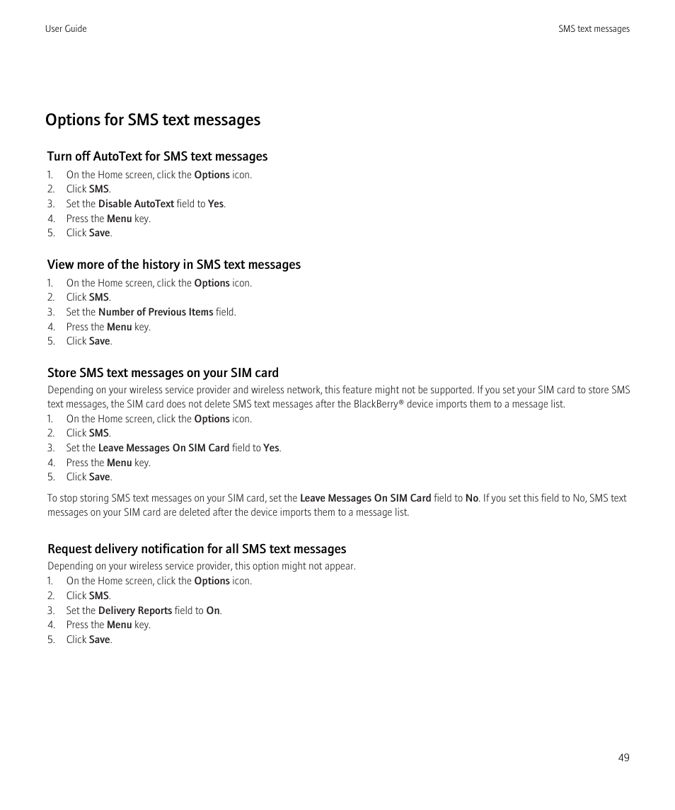 Options for sms text messages | Blackberry Curve 8520 User Manual | Page 51 / 278