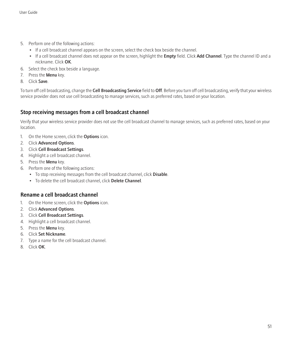 Rename a cell broadcast channel | Blackberry Curve 8520 User Manual | Page 53 / 278