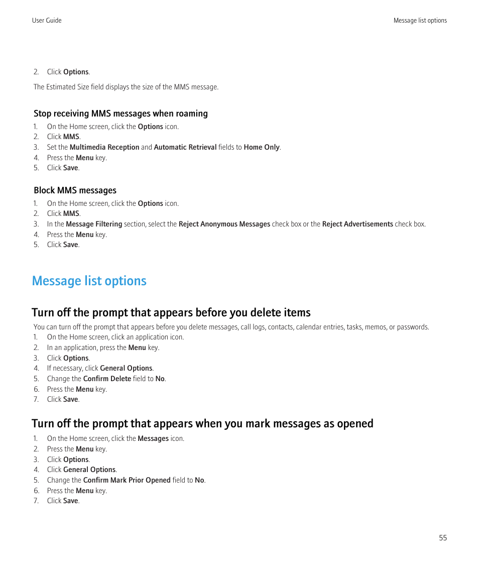 Message list options | Blackberry Curve 8520 User Manual | Page 57 / 278