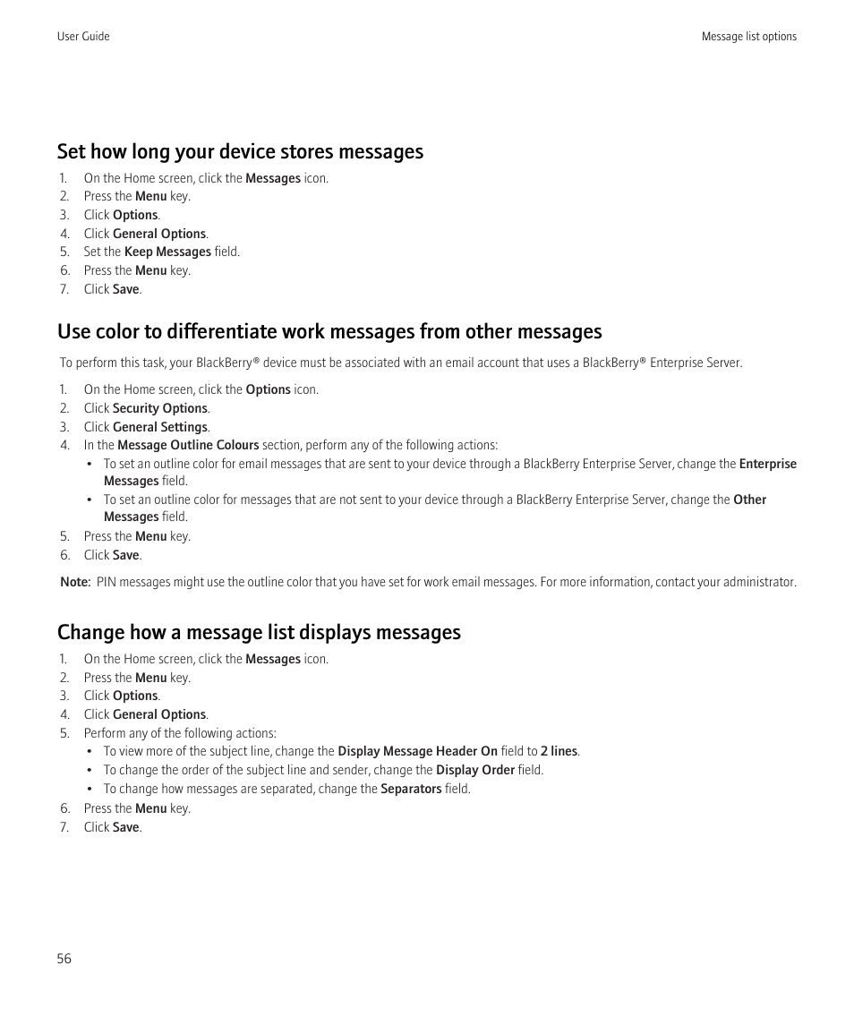 Set how long your device stores messages, Change how a message list displays messages | Blackberry Curve 8520 User Manual | Page 58 / 278