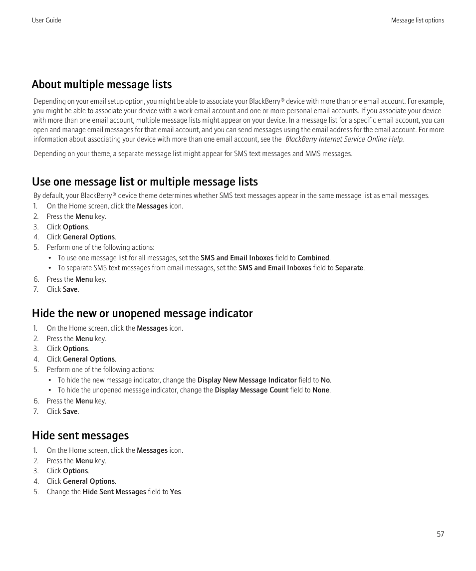 About multiple message lists, Use one message list or multiple message lists, Hide the new or unopened message indicator | Hide sent messages | Blackberry Curve 8520 User Manual | Page 59 / 278