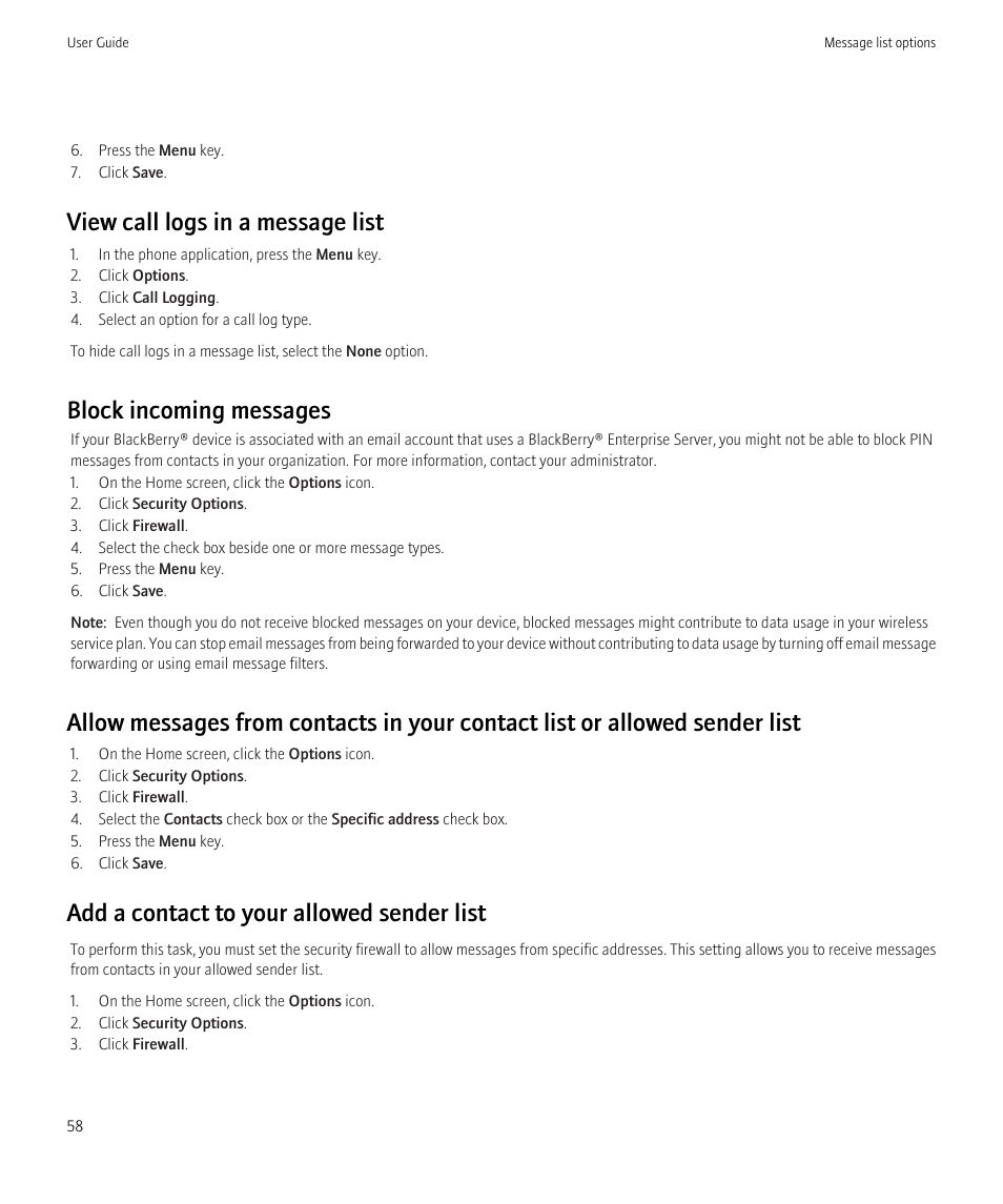 View call logs in a message list, Block incoming messages, Add a contact to your allowed sender list | Blackberry Curve 8520 User Manual | Page 60 / 278