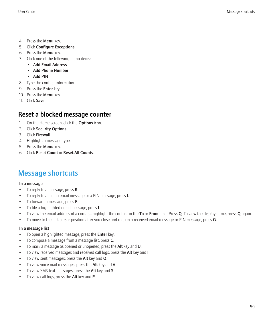 Message shortcuts, Reset a blocked message counter | Blackberry Curve 8520 User Manual | Page 61 / 278