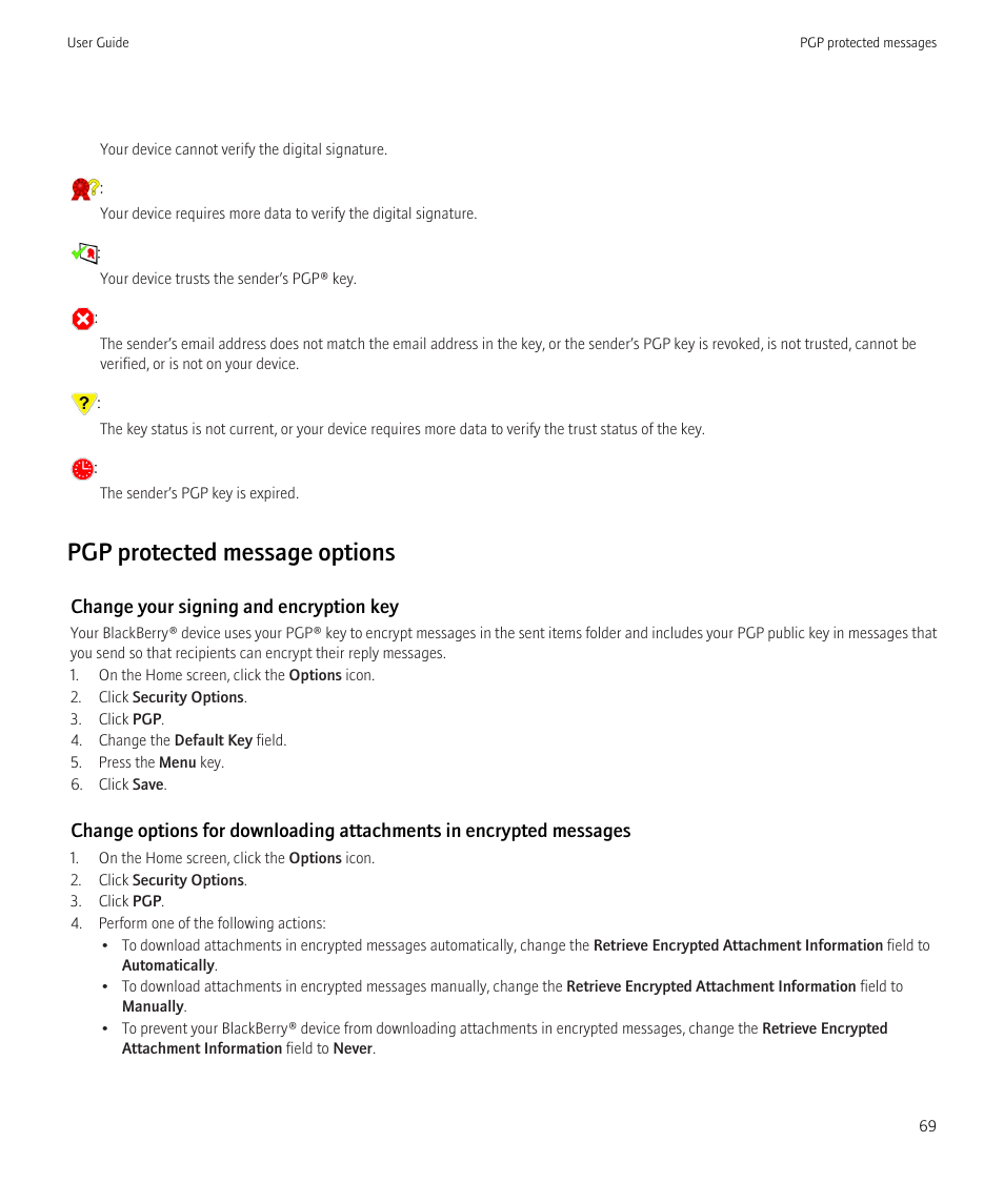 Pgp protected message options, Change your signing and encryption key | Blackberry Curve 8520 User Manual | Page 71 / 278