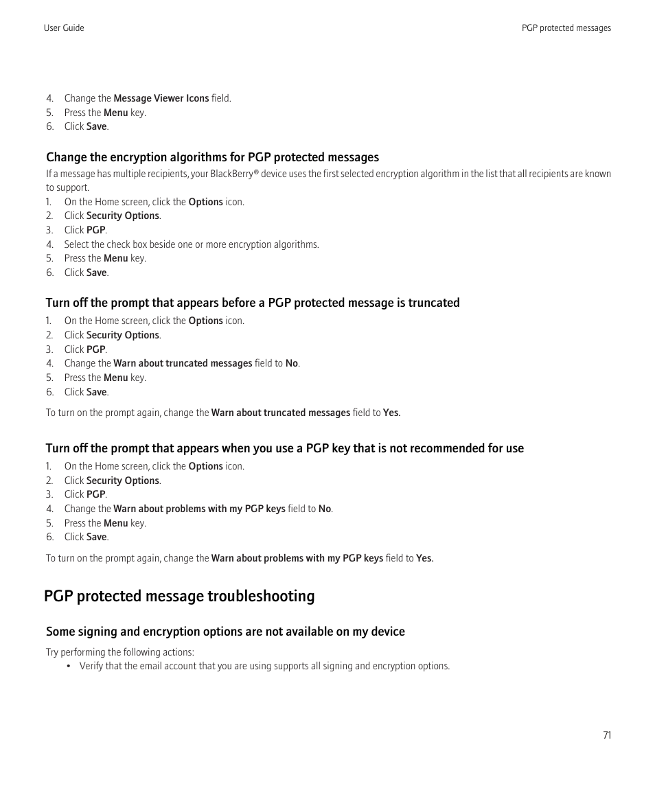 Pgp protected message troubleshooting | Blackberry Curve 8520 User Manual | Page 73 / 278