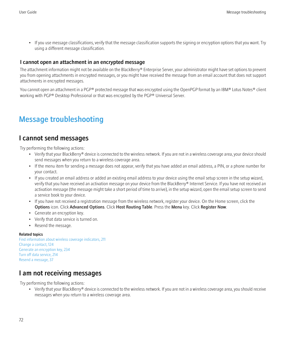 Message troubleshooting, I cannot send messages, I am not receiving messages | Blackberry Curve 8520 User Manual | Page 74 / 278