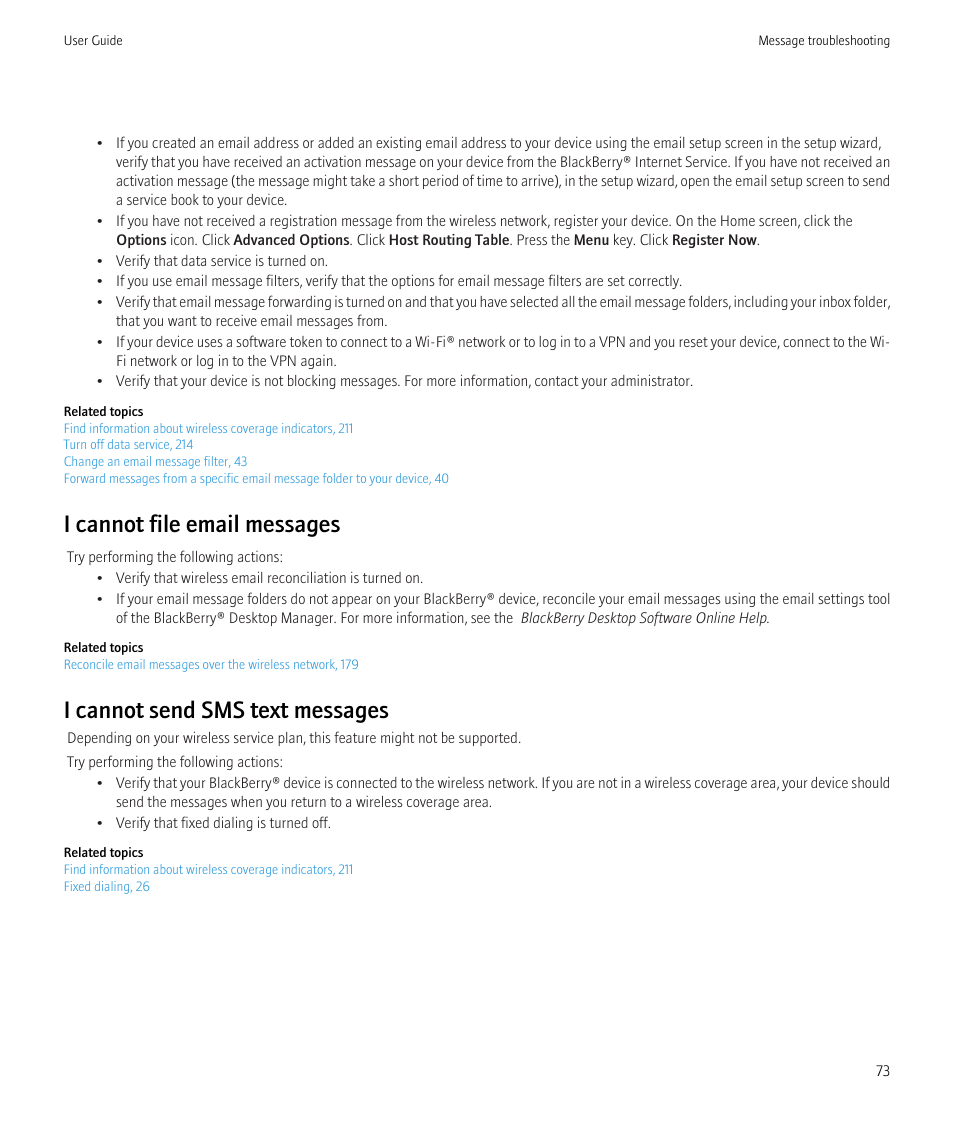 I cannot file email messages, I cannot send sms text messages | Blackberry Curve 8520 User Manual | Page 75 / 278