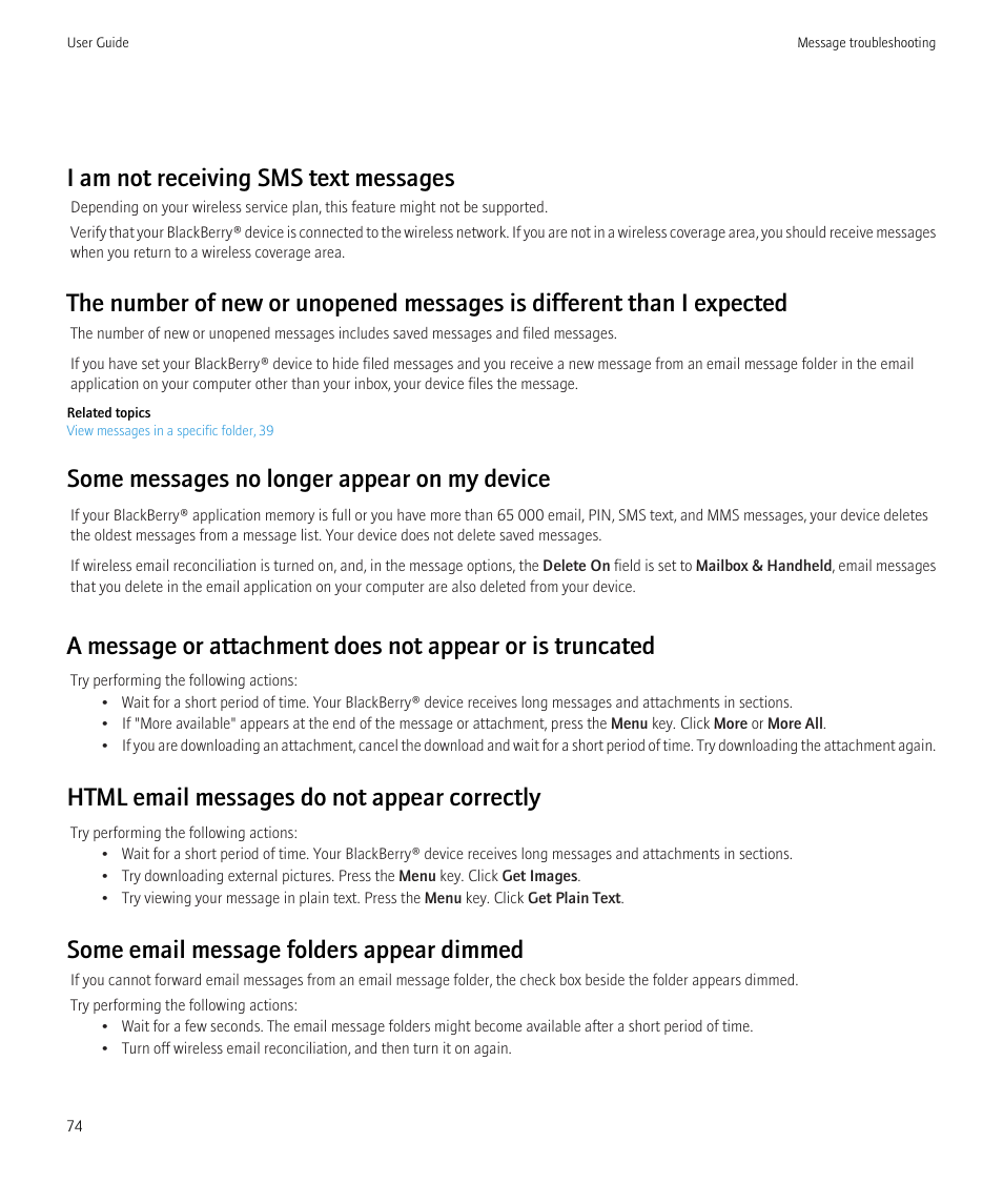 I am not receiving sms text messages, Some messages no longer appear on my device, Html email messages do not appear correctly | Some email message folders appear dimmed | Blackberry Curve 8520 User Manual | Page 76 / 278