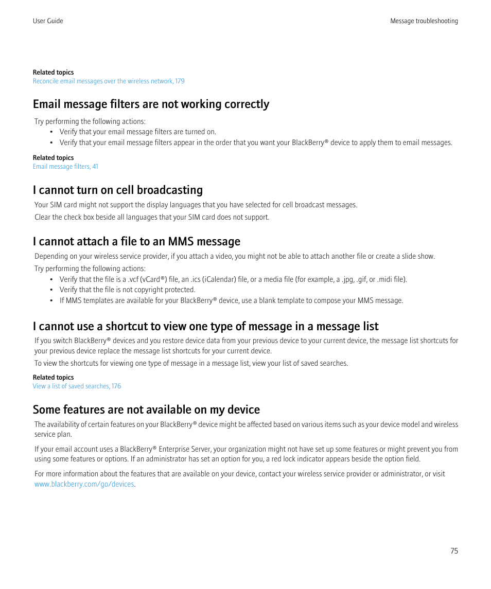 Email message filters are not working correctly, I cannot turn on cell broadcasting, I cannot attach a file to an mms message | Some features are not available on my device | Blackberry Curve 8520 User Manual | Page 77 / 278