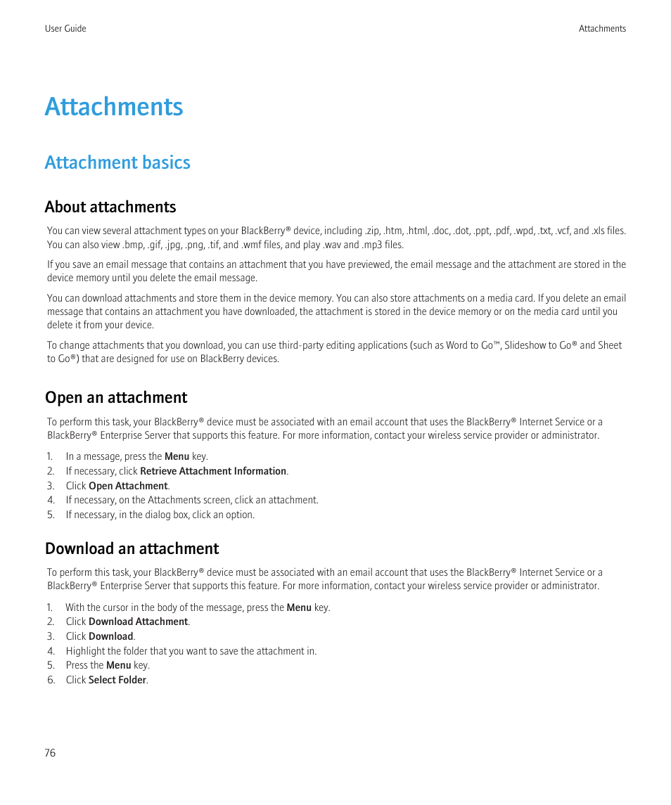 Attachments, Attachment basics, About attachments | Open an attachment, Download an attachment | Blackberry Curve 8520 User Manual | Page 78 / 278