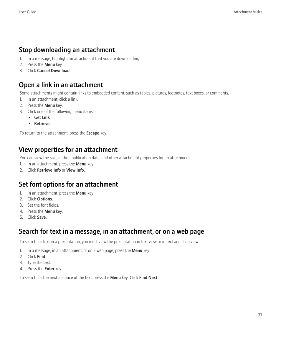 Stop downloading an attachment, Open a link in an attachment, View properties for an attachment | Set font options for an attachment | Blackberry Curve 8520 User Manual | Page 79 / 278