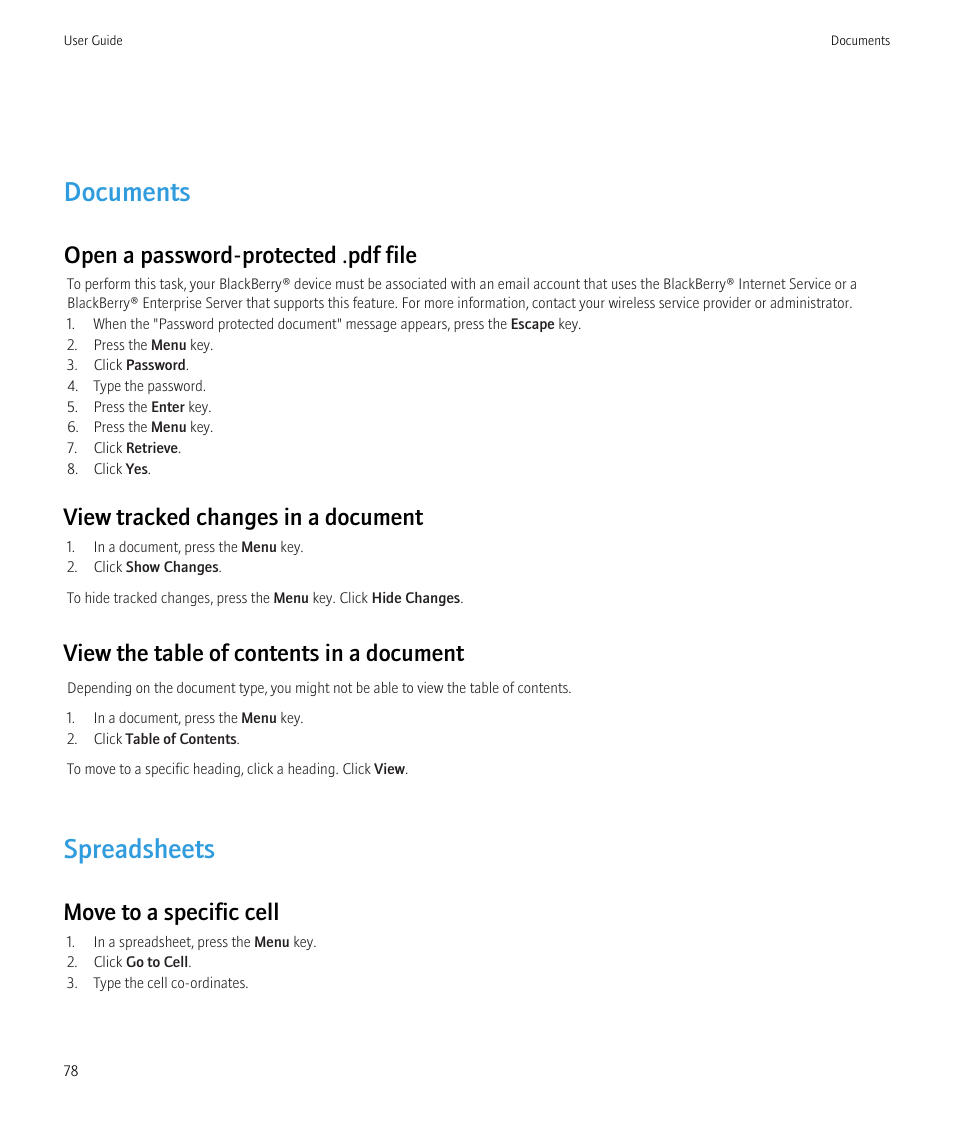 Documents, Spreadsheets, Open a password-protected .pdf file | View tracked changes in a document, View the table of contents in a document, Move to a specific cell | Blackberry Curve 8520 User Manual | Page 80 / 278