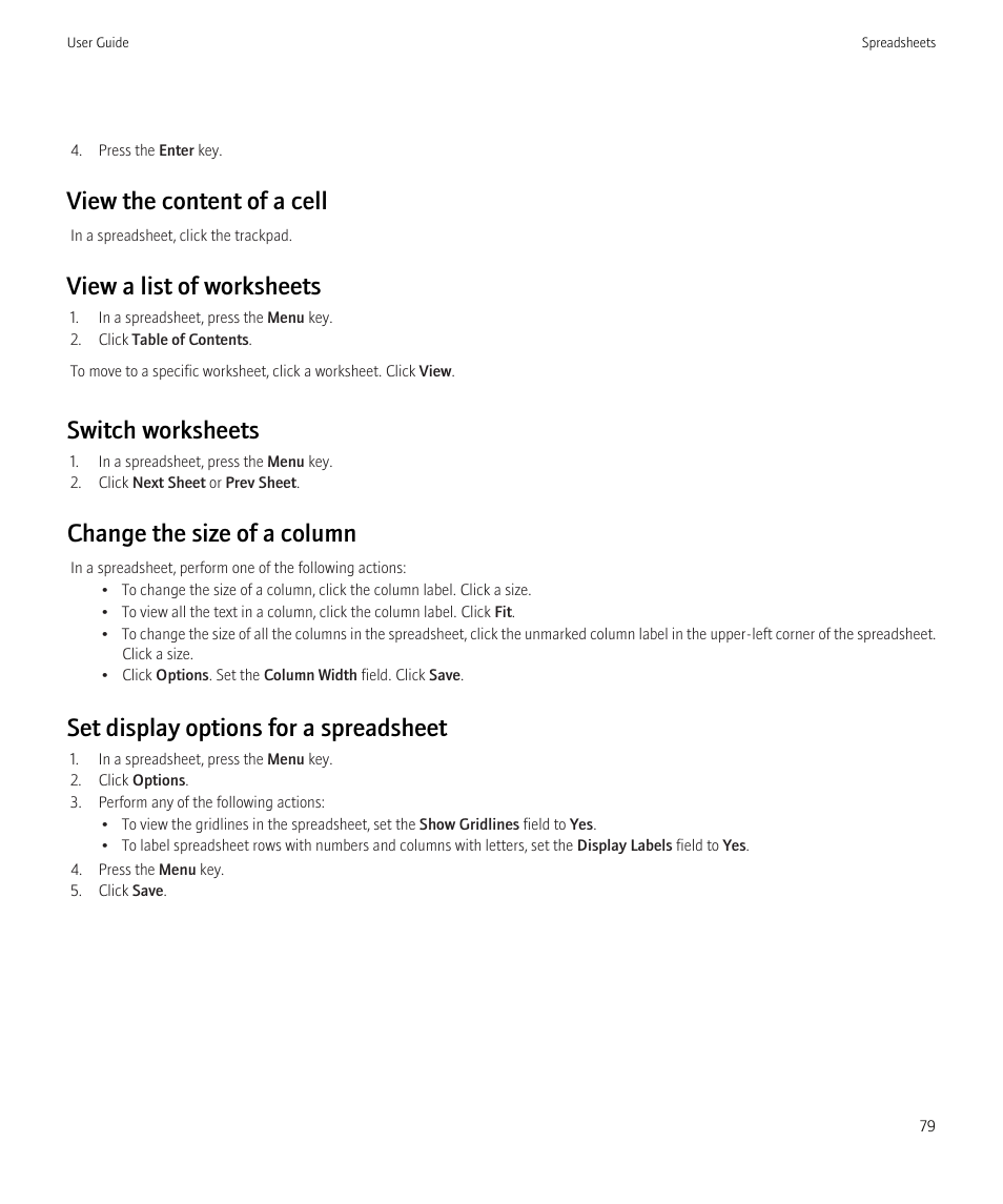 View the content of a cell, View a list of worksheets, Switch worksheets | Change the size of a column, Set display options for a spreadsheet | Blackberry Curve 8520 User Manual | Page 81 / 278