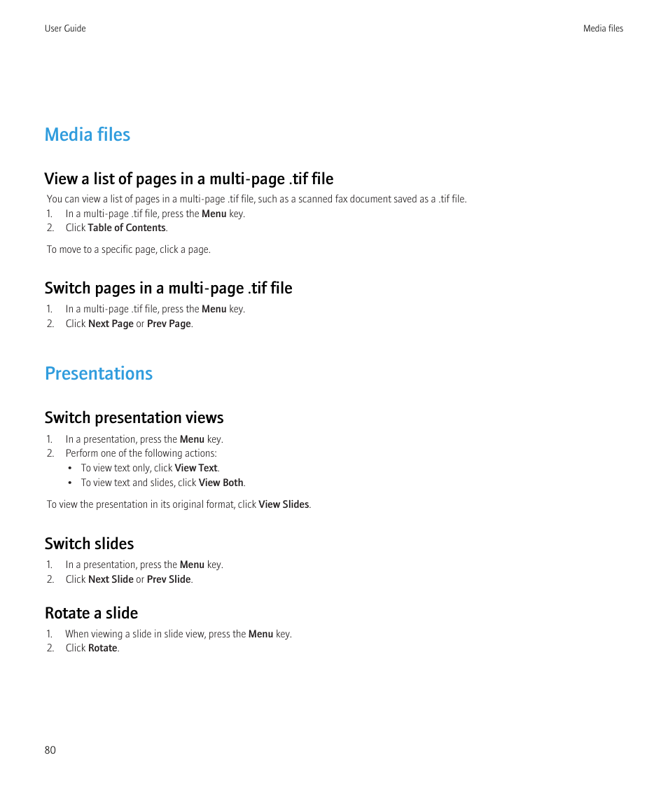 Media files, Presentations, View a list of pages in a multi-page .tif file | Switch pages in a multi-page .tif file, Switch presentation views, Switch slides, Rotate a slide | Blackberry Curve 8520 User Manual | Page 82 / 278