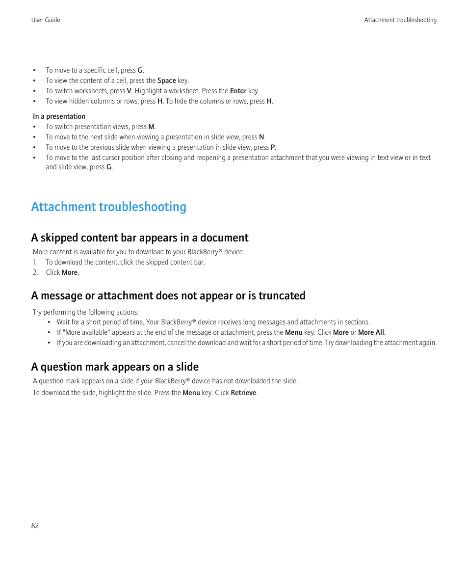 Attachment troubleshooting, A skipped content bar appears in a document, A question mark appears on a slide | Blackberry Curve 8520 User Manual | Page 84 / 278