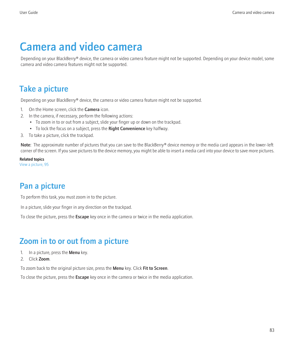 Camera and video camera, Take a picture, Pan a picture | Zoom in to or out from a picture | Blackberry Curve 8520 User Manual | Page 85 / 278