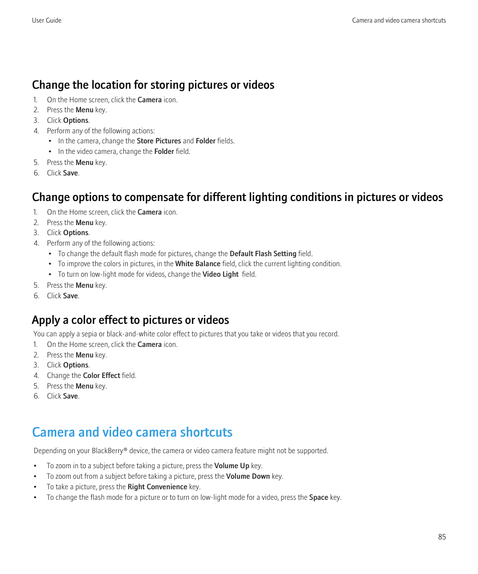 Camera and video camera shortcuts, Change the location for storing pictures or videos, Apply a color effect to pictures or videos | Blackberry Curve 8520 User Manual | Page 87 / 278