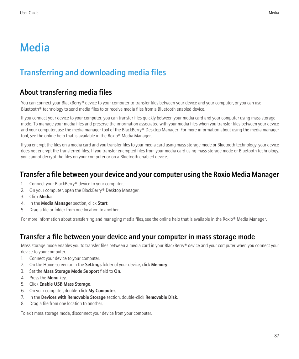 Media, Transferring and downloading media files, About transferring media files | Blackberry Curve 8520 User Manual | Page 89 / 278