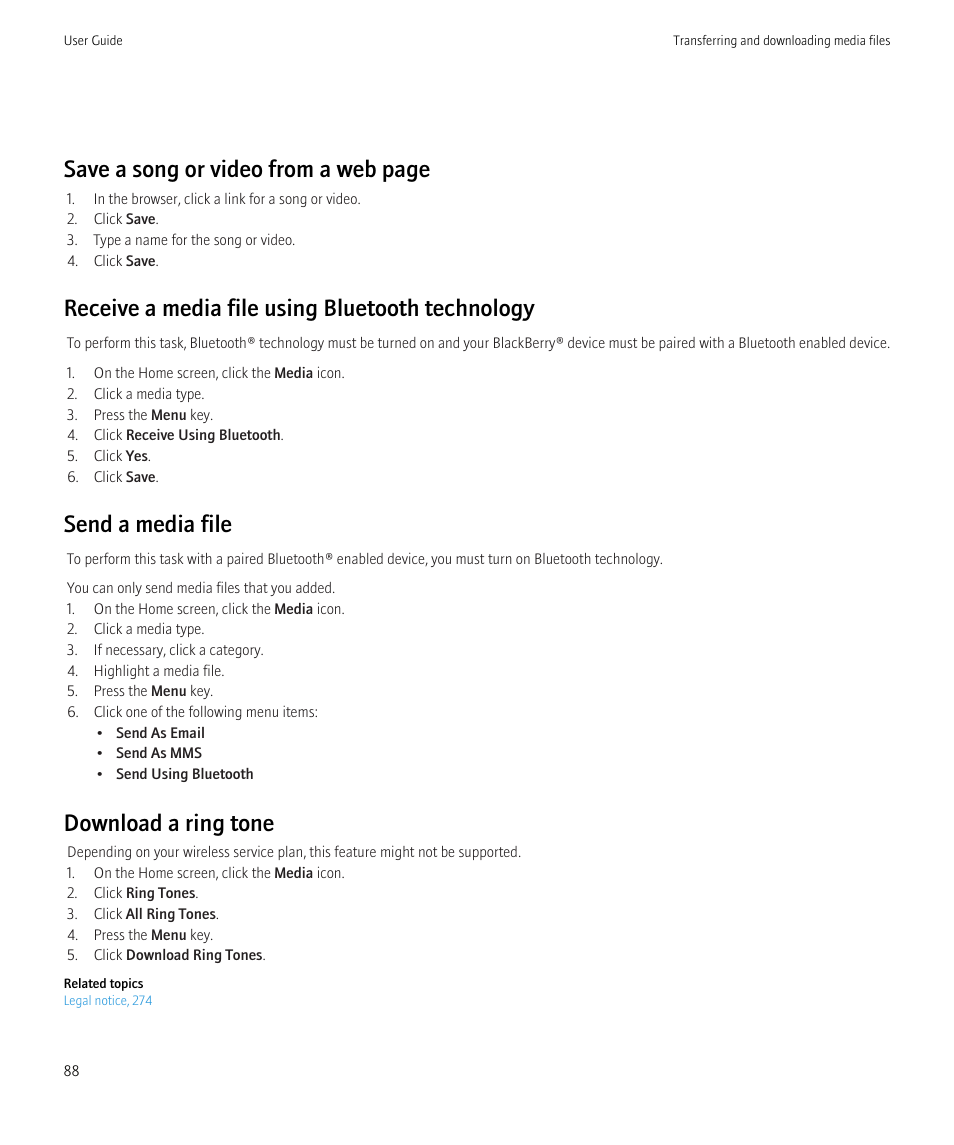 Save a song or video from a web page, Receive a media file using bluetooth technology, Send a media file | Download a ring tone | Blackberry Curve 8520 User Manual | Page 90 / 278