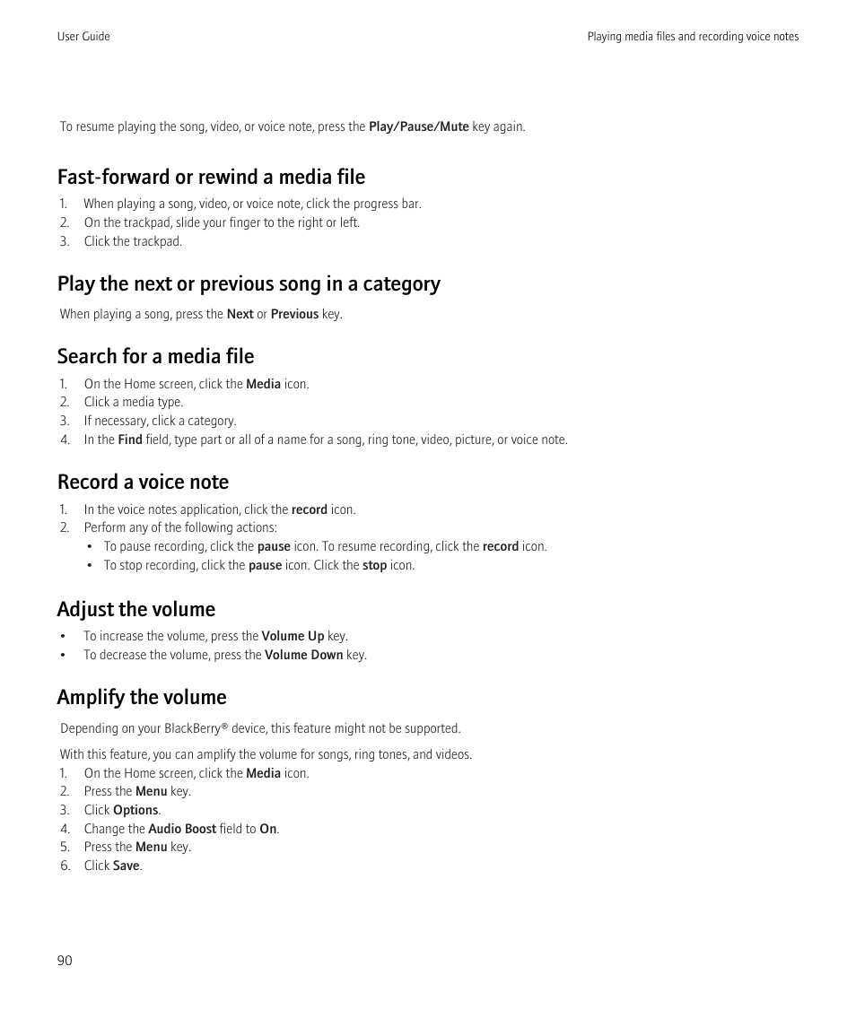 Fast-forward or rewind a media file, Play the next or previous song in a category, Search for a media file | Adjust the volume, Amplify the volume | Blackberry Curve 8520 User Manual | Page 92 / 278