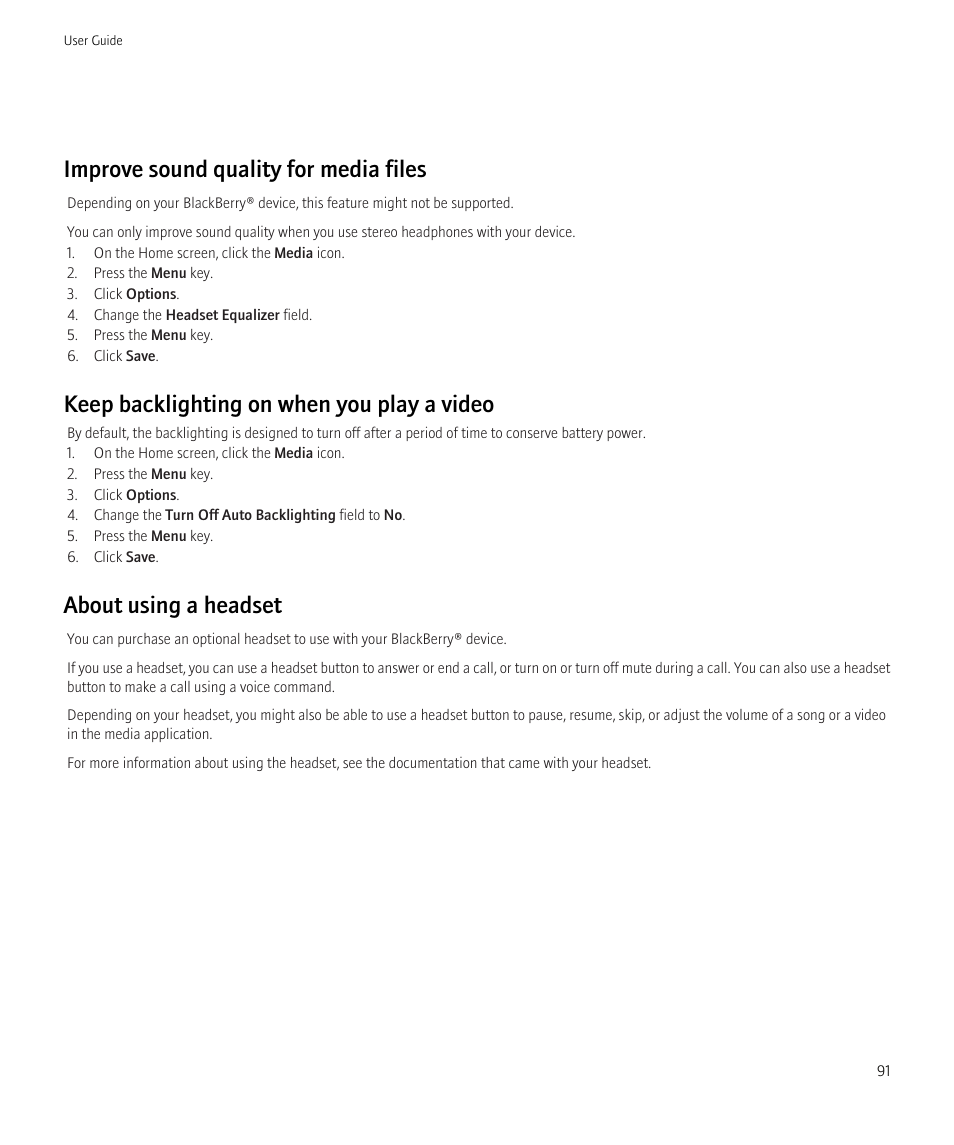 Improve sound quality for media files, Keep backlighting on when you play a video, About using a headset | Blackberry Curve 8520 User Manual | Page 93 / 278