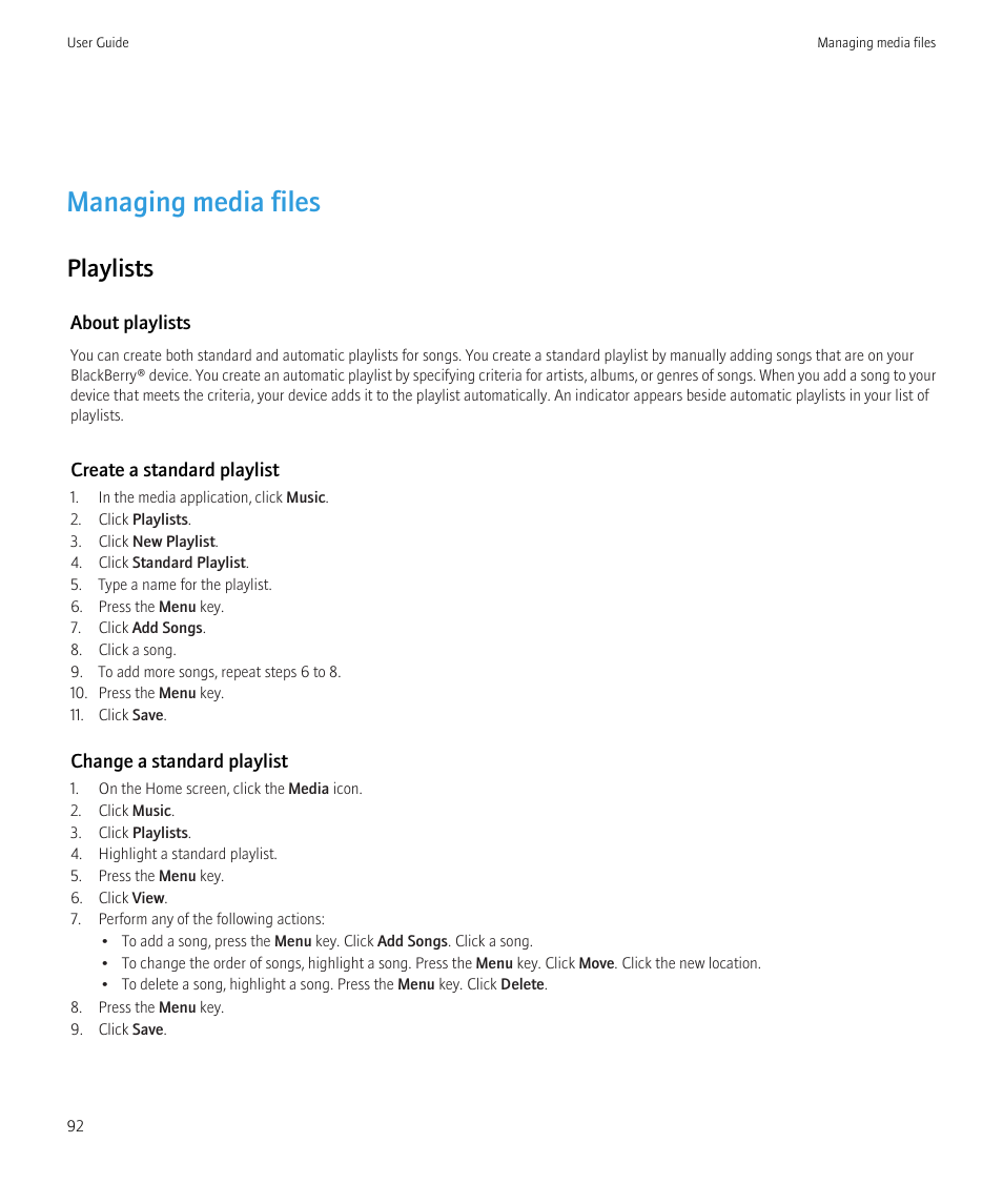 Managing media files, Playlists | Blackberry Curve 8520 User Manual | Page 94 / 278