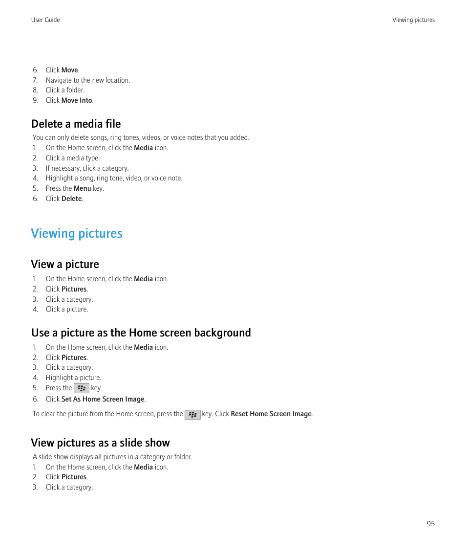 Viewing pictures, Delete a media file, View a picture | Use a picture as the home screen background, View pictures as a slide show | Blackberry Curve 8520 User Manual | Page 97 / 278
