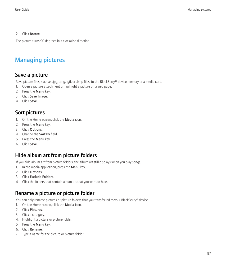 Managing pictures, Save a picture, Sort pictures | Hide album art from picture folders, Rename a picture or picture folder | Blackberry Curve 8520 User Manual | Page 99 / 278