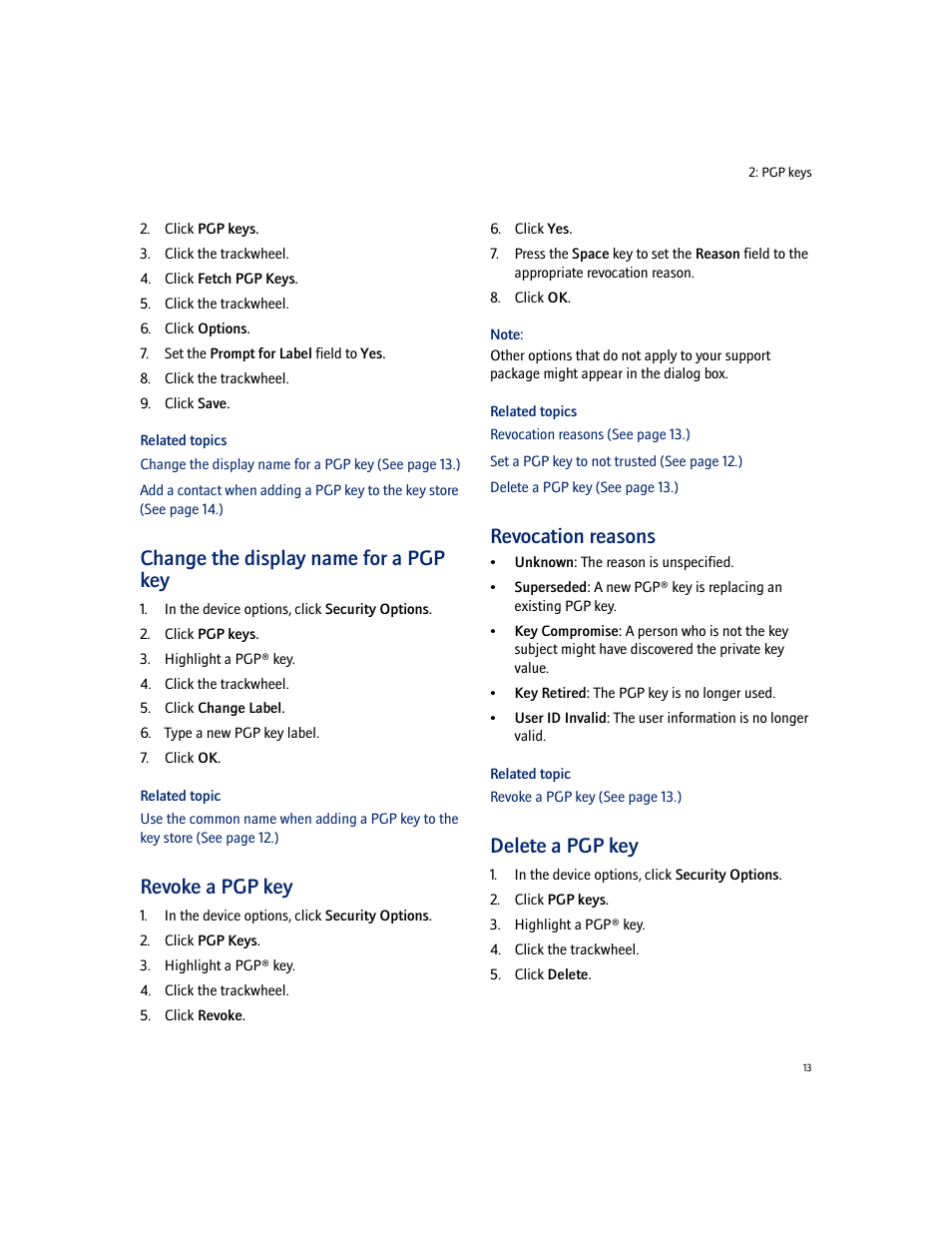 Change the display name for a pgp key, Revoke a pgp key, Revocation reasons | Delete a pgp key | Blackberry PGP User Manual | Page 13 / 30