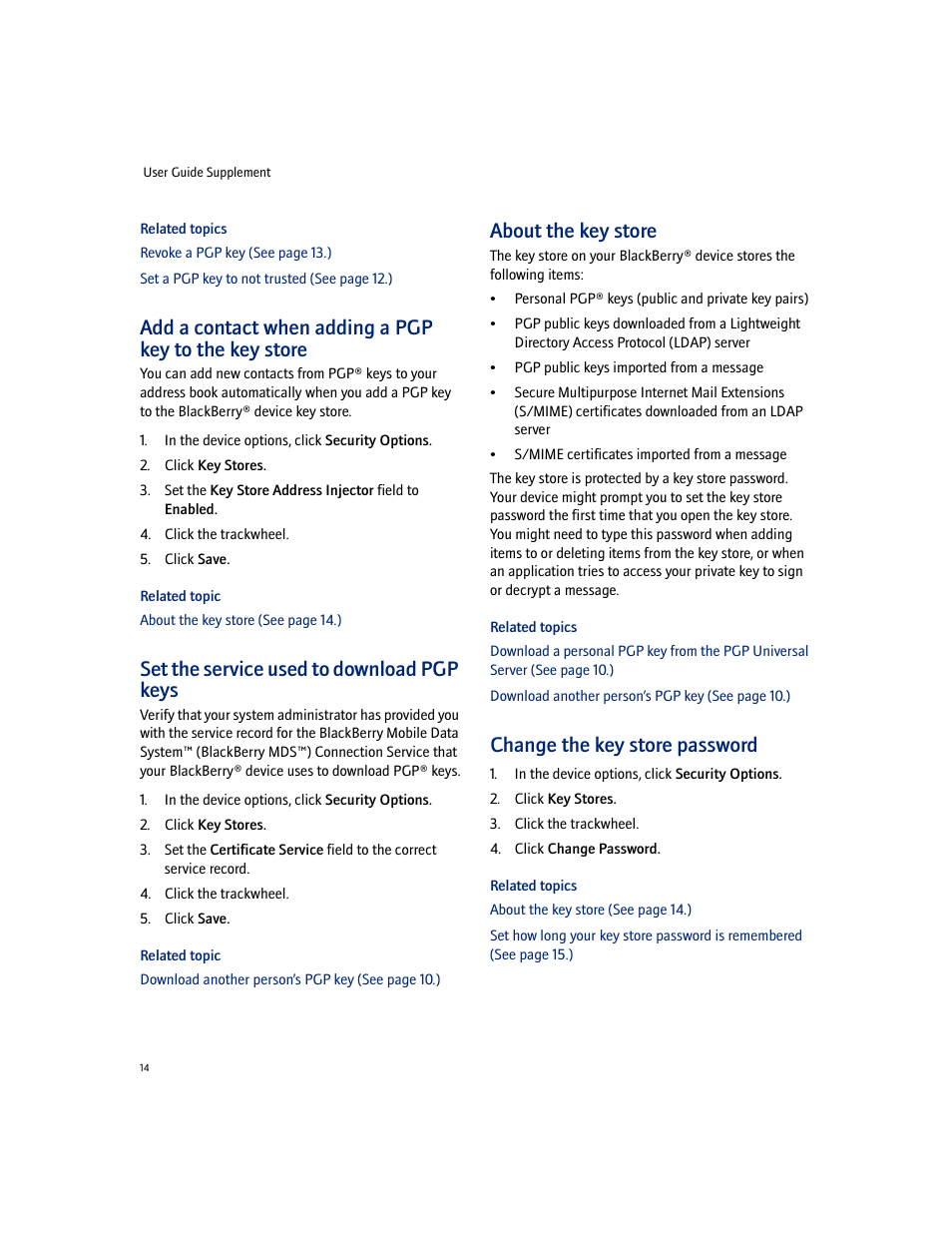 Set the service used to download pgp keys, About the key store, Change the key store password | Blackberry PGP User Manual | Page 14 / 30