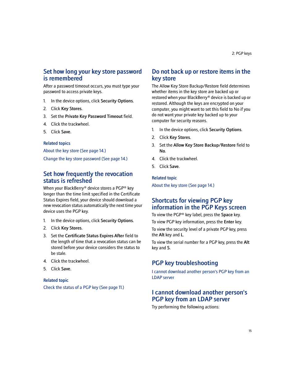 Set how long your key store password is remembered, Do not back up or restore items in the key store, Pgp key troubleshooting | Blackberry PGP User Manual | Page 15 / 30