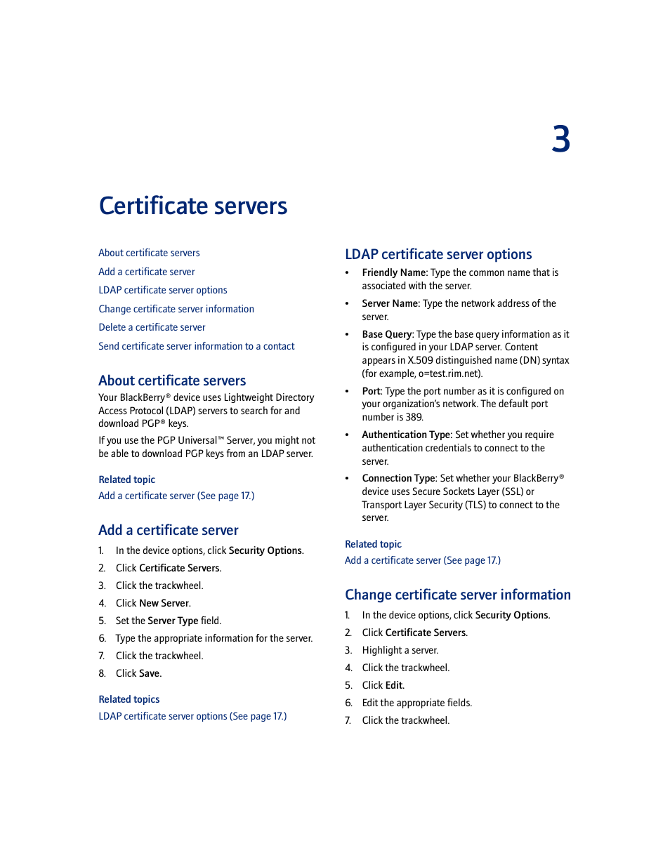 Certificate servers, About certificate servers, Add a certificate server | Ldap certificate server options, Change certificate server information, 3 certificate servers | Blackberry PGP User Manual | Page 17 / 30