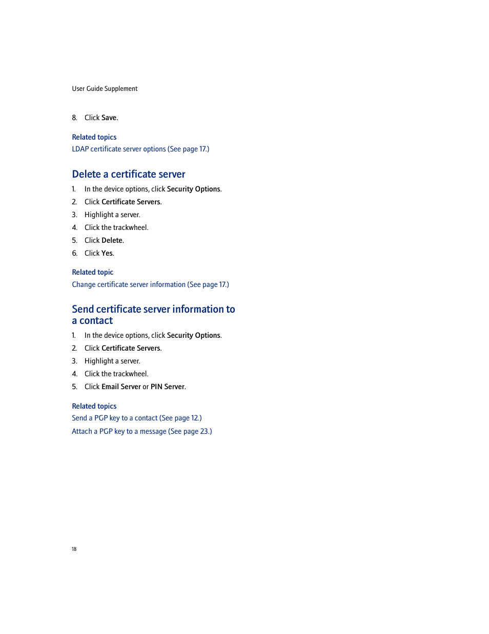 Delete a certificate server, Send certificate server information to a contact | Blackberry PGP User Manual | Page 18 / 30