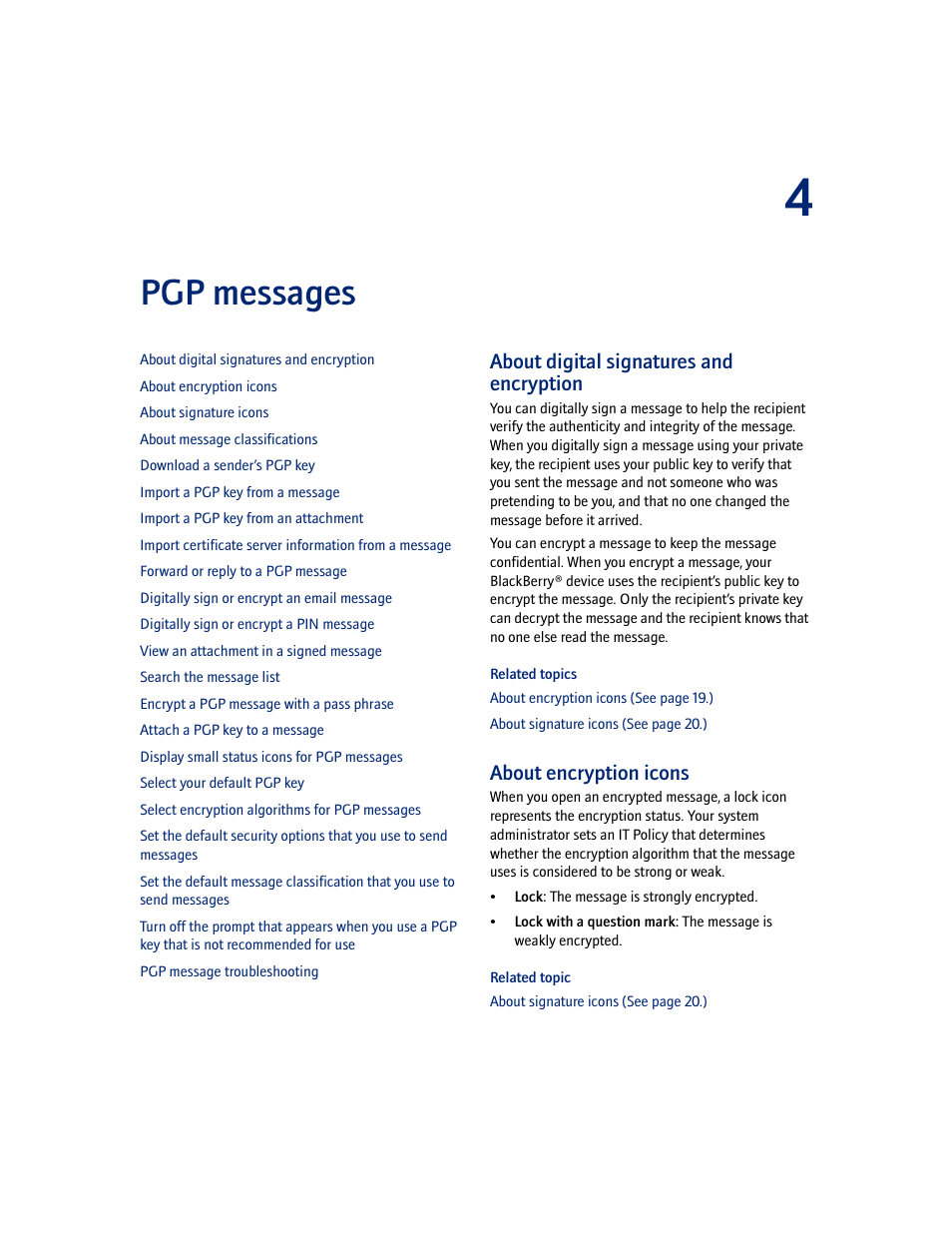 Pgp messages, About digital signatures and encryption, About encryption icons | 4 pgp messages | Blackberry PGP User Manual | Page 19 / 30