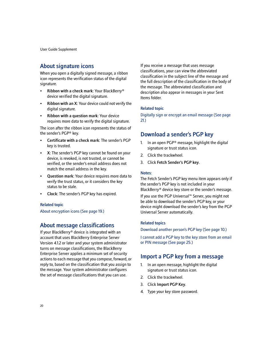 About signature icons, About message classifications, Download a sender’s pgp key | Import a pgp key from a message | Blackberry PGP User Manual | Page 20 / 30