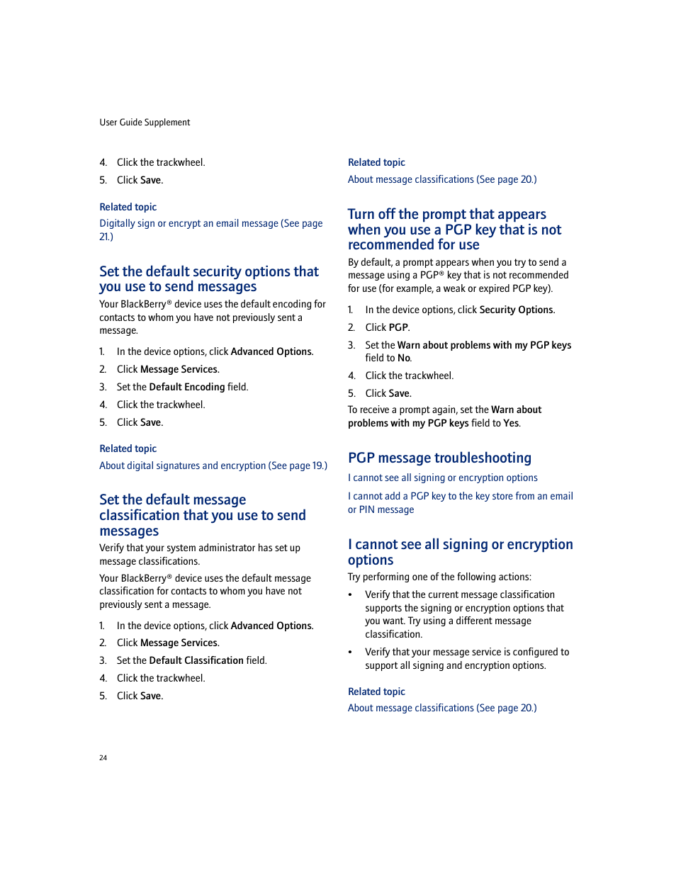 Pgp message troubleshooting, I cannot see all signing or encryption options | Blackberry PGP User Manual | Page 24 / 30