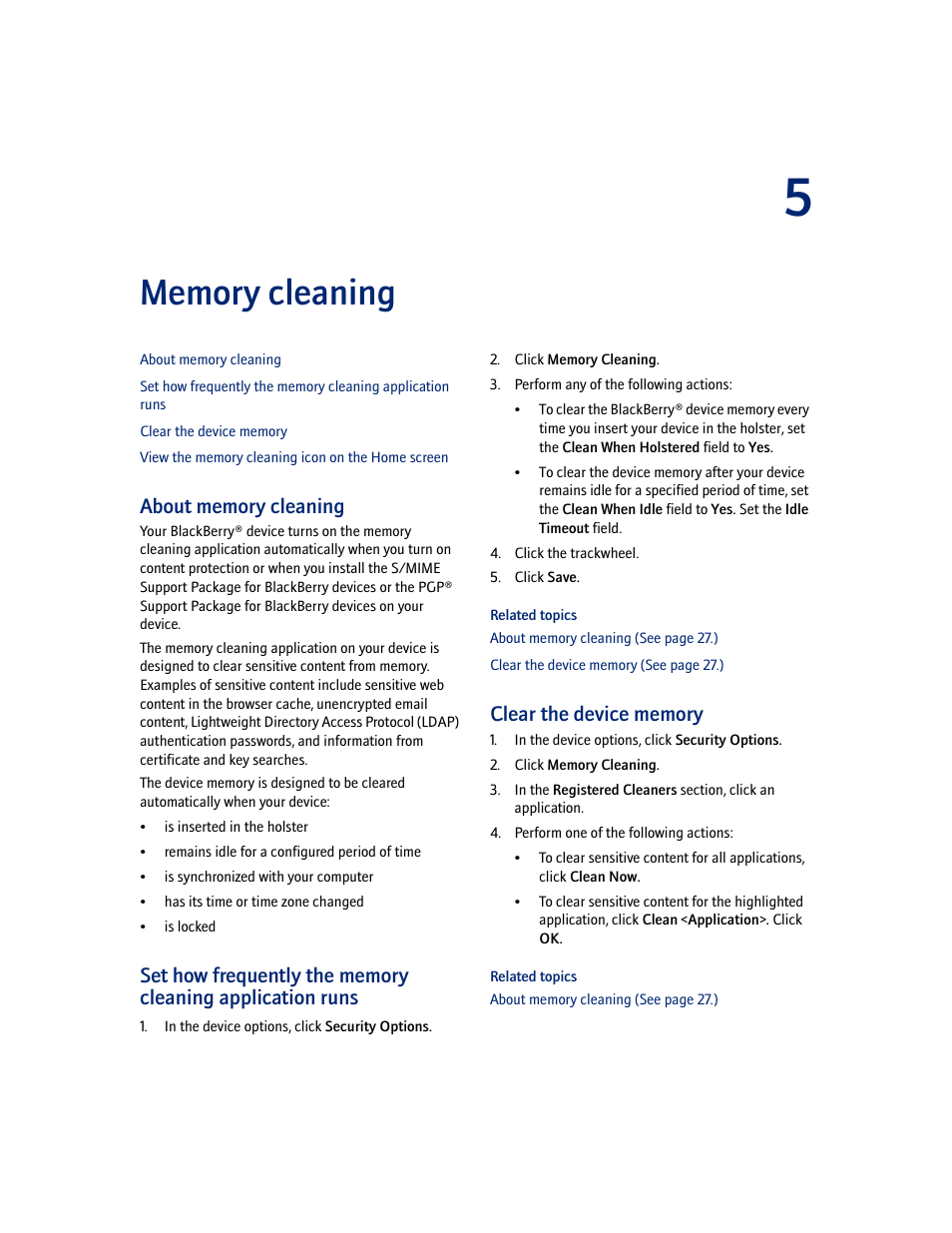Memory cleaning, About memory cleaning, Clear the device memory | 5 memory cleaning | Blackberry PGP User Manual | Page 27 / 30